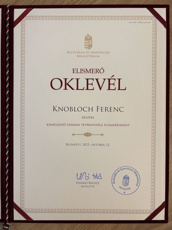 Knobloch Ferenc oktatónk „Miniszter Elismerő Oklevele” elismerésben részesült